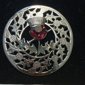 Mizpah Celtic Thistle Brooch, Amethyst Glass?, Excellent Condition